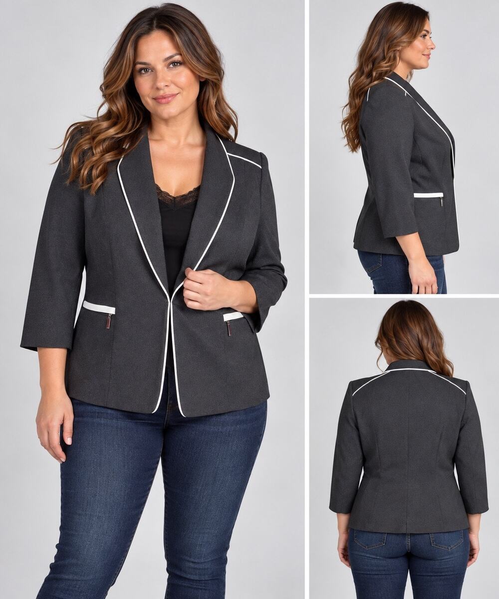 Kasper Womens Blazer Suit Jacket Zipper Pockets Black with White Accents Size 14